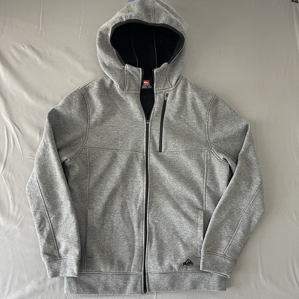 Quiksilver 2000s Y2K Surf Logo Gray Fleece Lined Zip Up Hoodie Size Medium